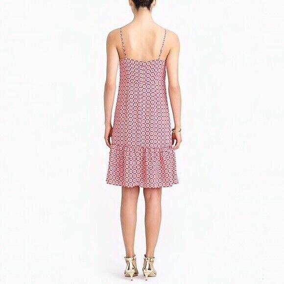 J Crew Ruffle Hem Dress Womens 0 Red Printed Spaghetti Drop Waist Knee Length - Picture 2 of 16